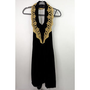 Jessica McClintock Gunne Sax 7/8 Black Velvet Gold Applique Halter Mini Dress 90
